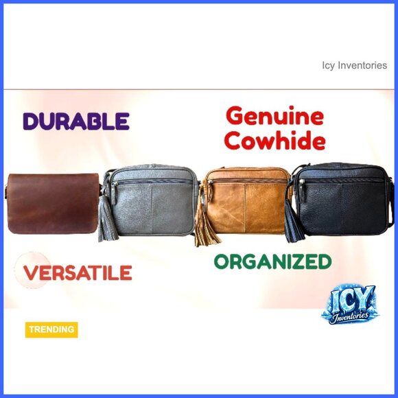 Cowhide Leather Shoulder Purse Cross Body Organizer Bag with Many Pockets - Picture 6 of 6